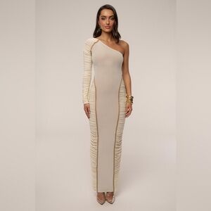 Jluxlabel One-Shoulder Cream Ruched Maxi Dress